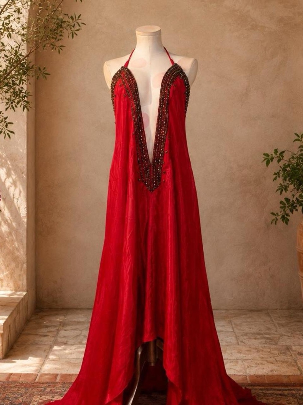 Shahida Parides 100% Silk Red Beaded Maxi Dress One Size